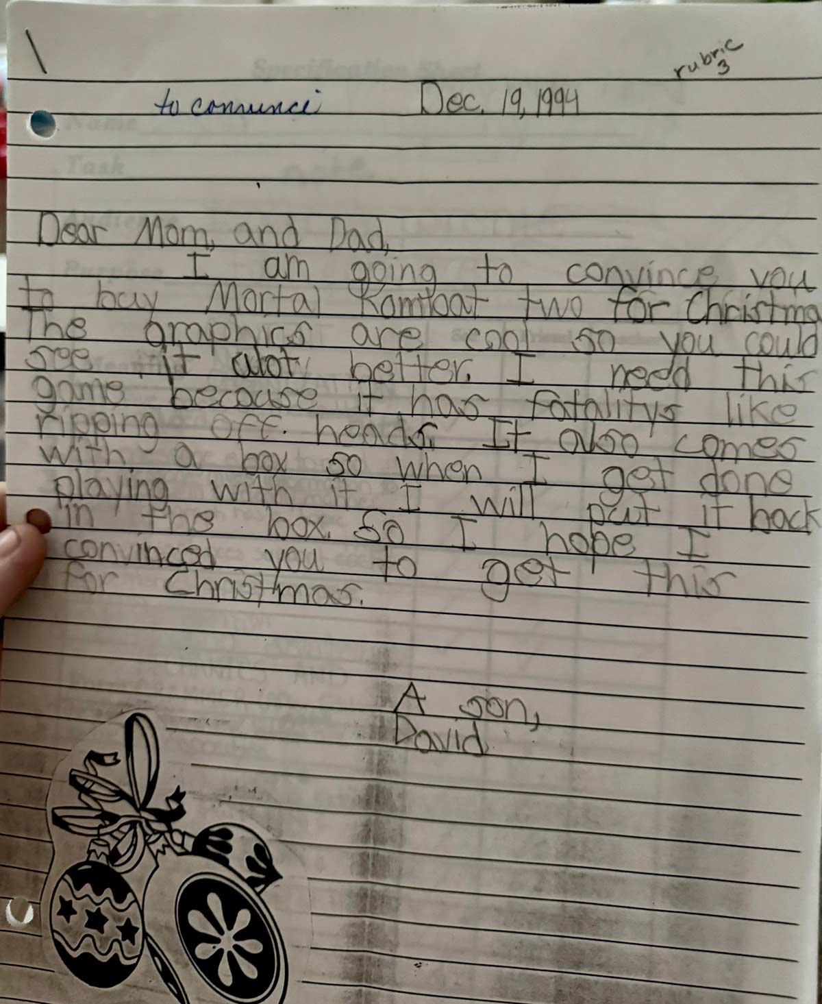 A letter I wrote my parents in the Fourth Grade