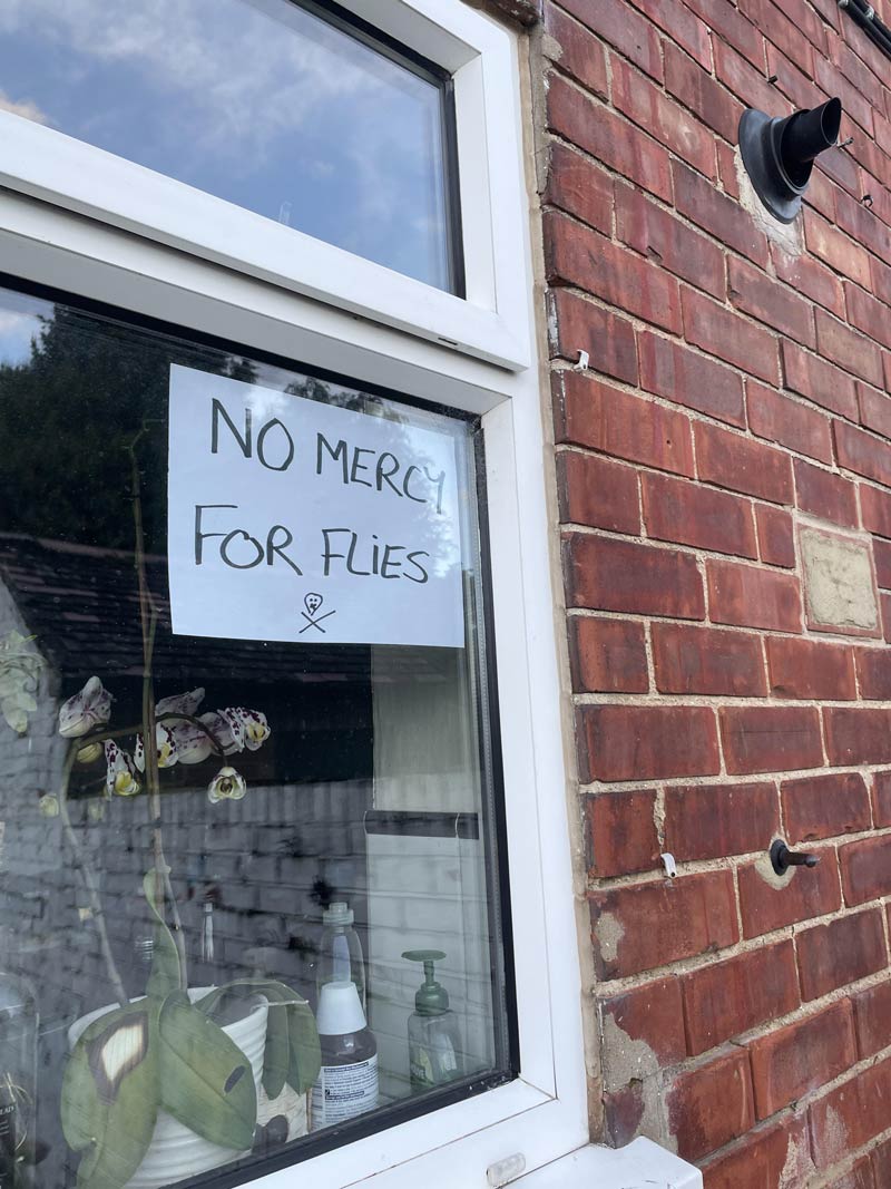 This sign my dad put up after a fly got stuck in his beard