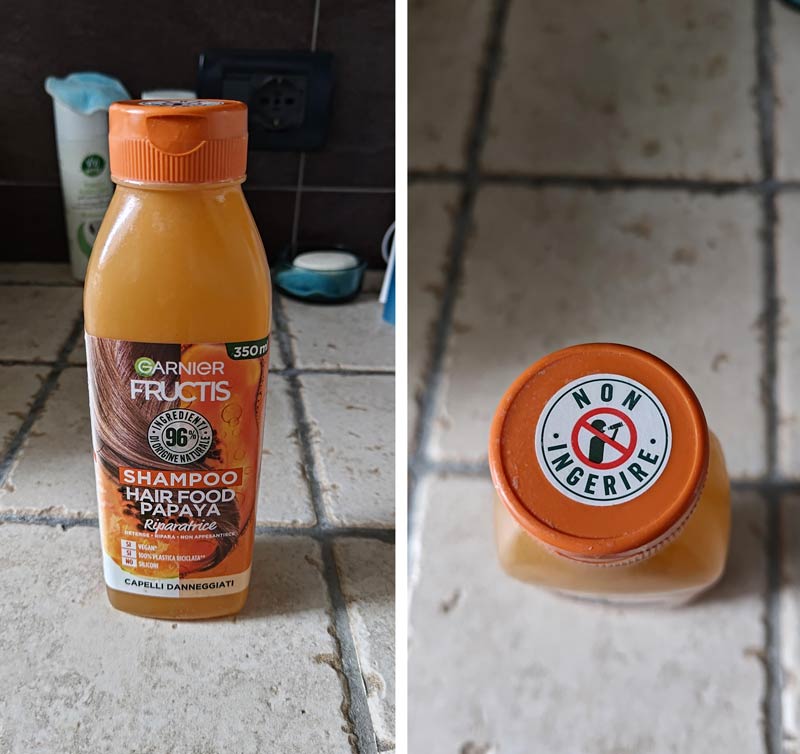 This shampoo in Italy looks so much like orange juice they tell you not to drink it