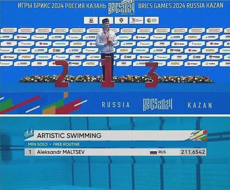 Alexander Malchev, the only person competing in the Artistic swimming category at the 2024 Brics Games celebrating his uh...victory