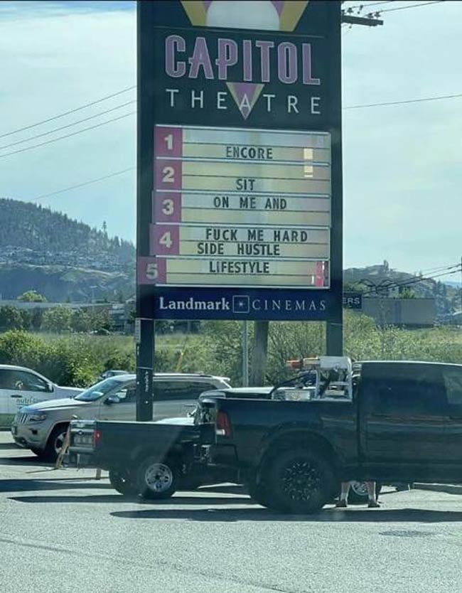 A theatre sign on West Kelowna, BC, Canada
