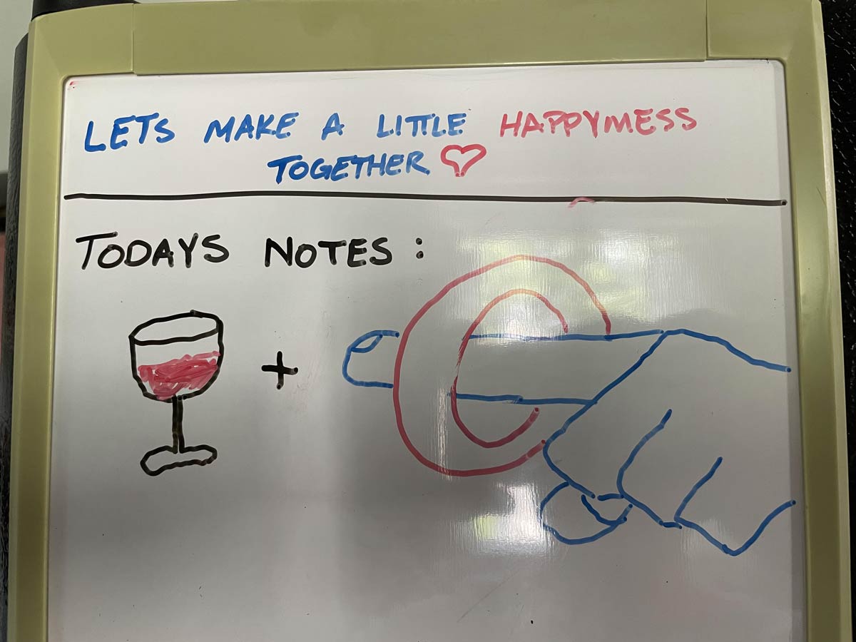 We have a whiteboard on our fridge to write daily notes. My wife drew a wine glass and a + so I added to it. I’m not artistic at all, but I think she’ll get the gist.