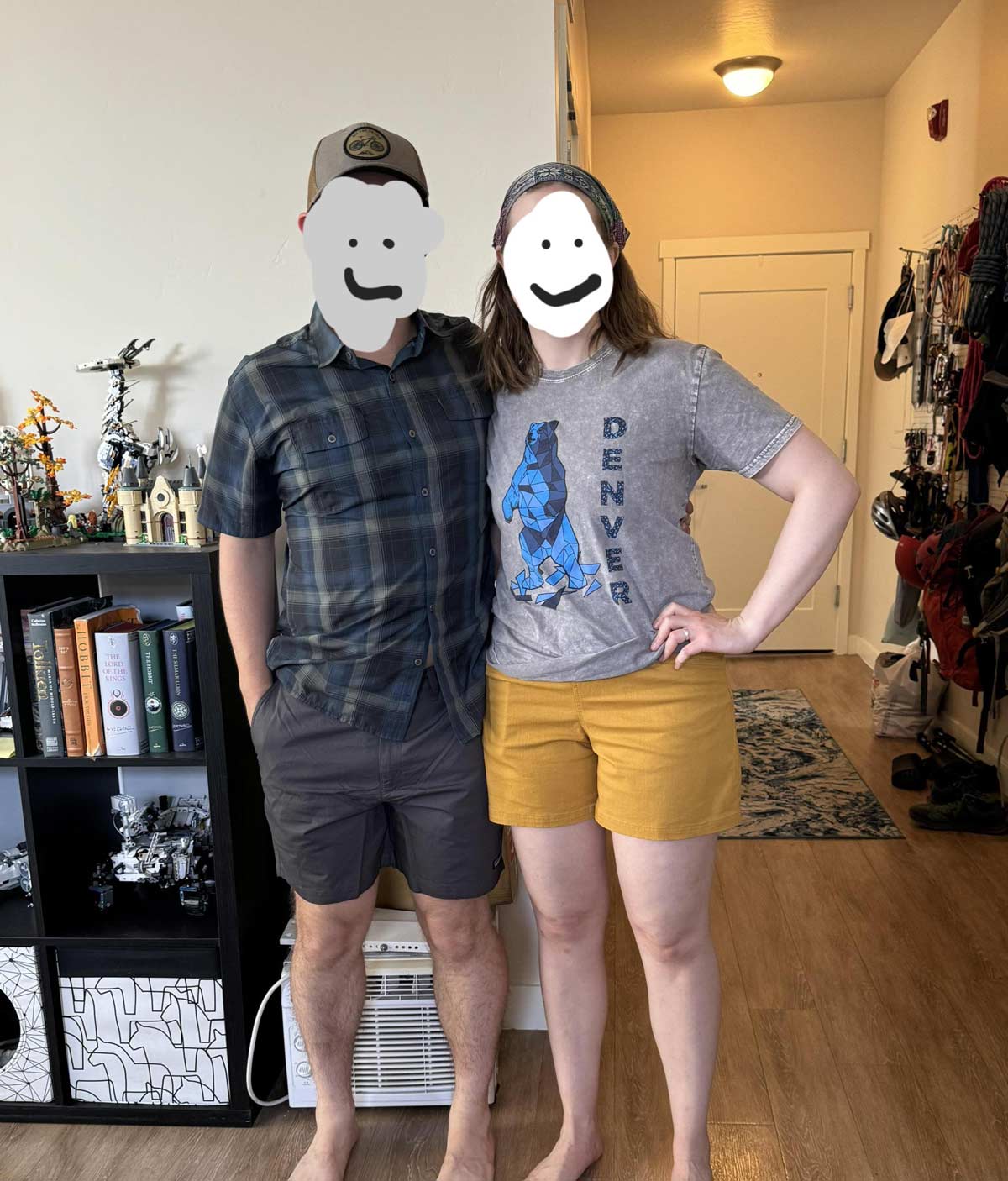 Me (69", 175cm) with short legs and a long torso, standing next to my wife (67", 170cm) who has long legs and a short torso, both wearing shorts with a 6" (15cm) inseam