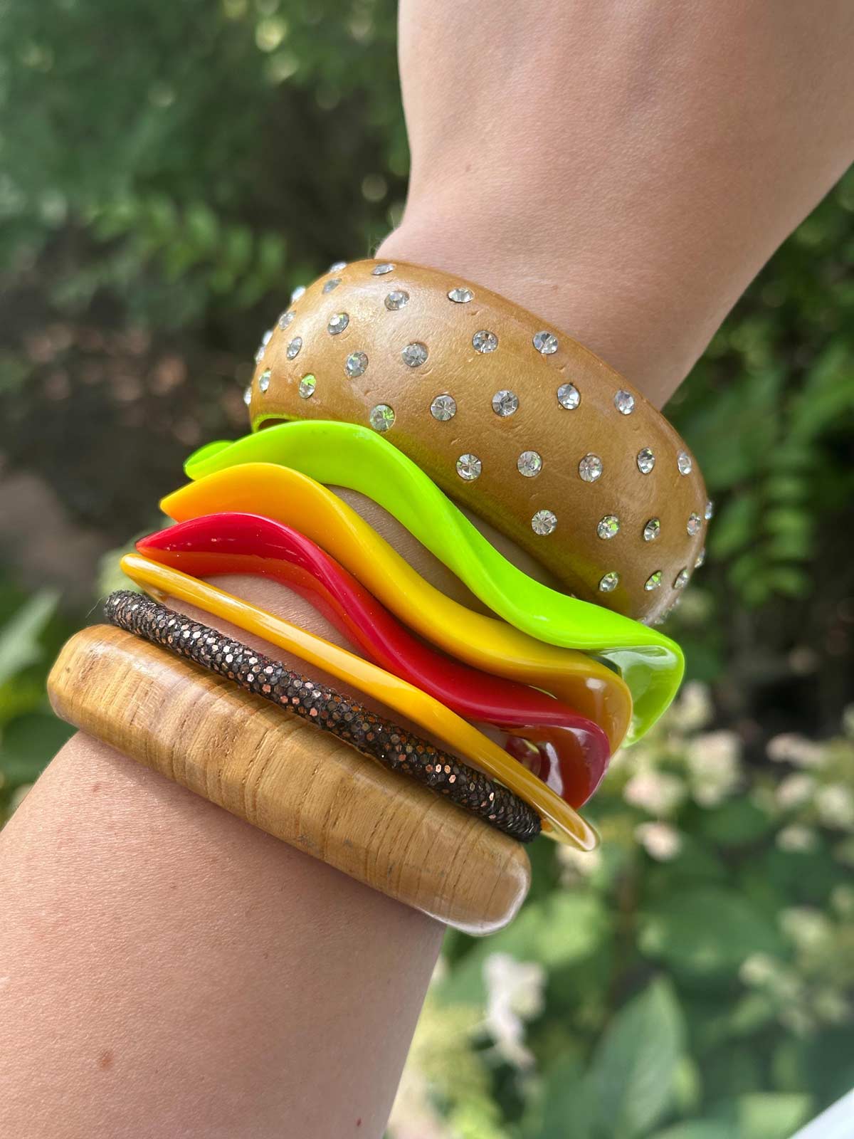 My cheeseburger bracelet stack