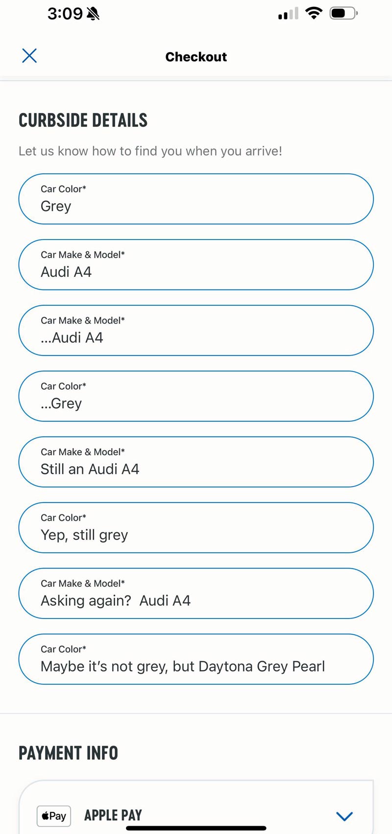 All fields were required to place my order
