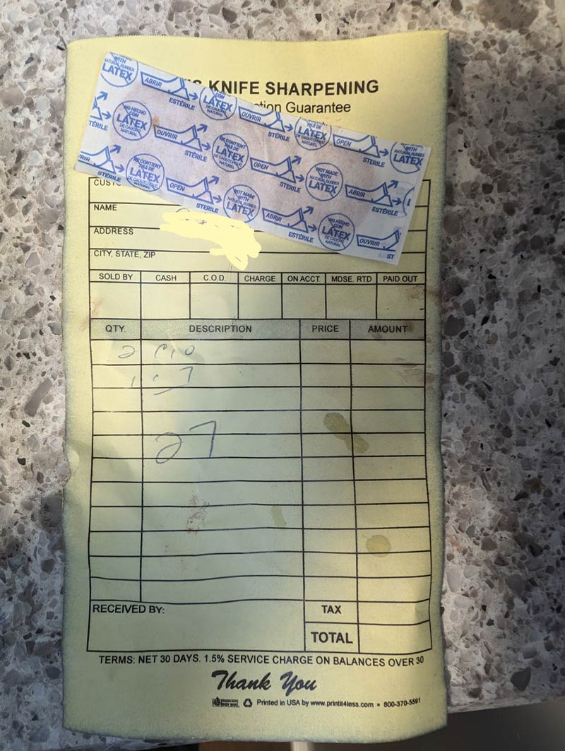 Took my kitchen knives to be sharpened and they gave me a band-aid with my receipt