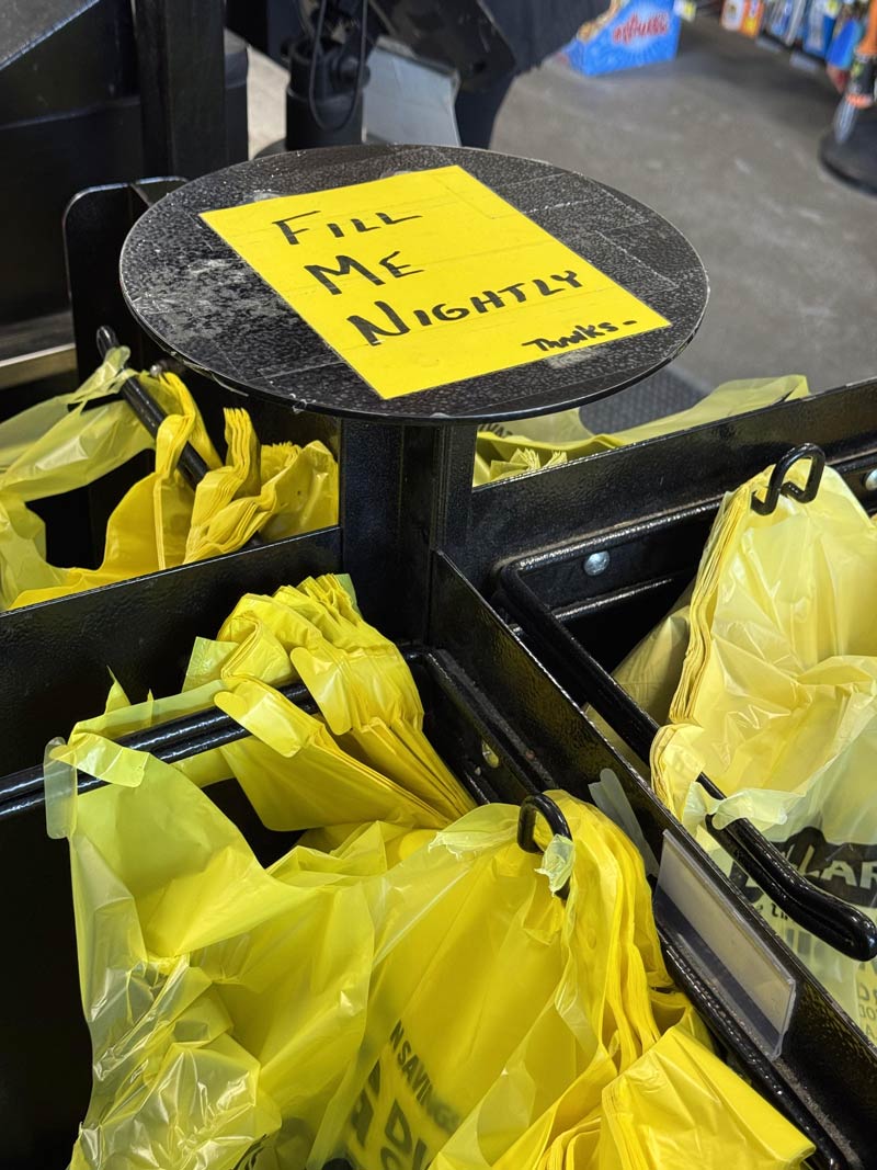Dollar General bag rack needs to calm down