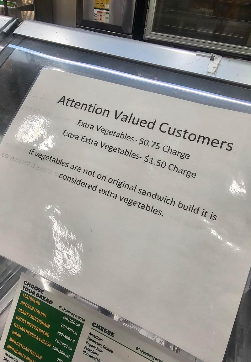 Subway is now charging by the vegetable