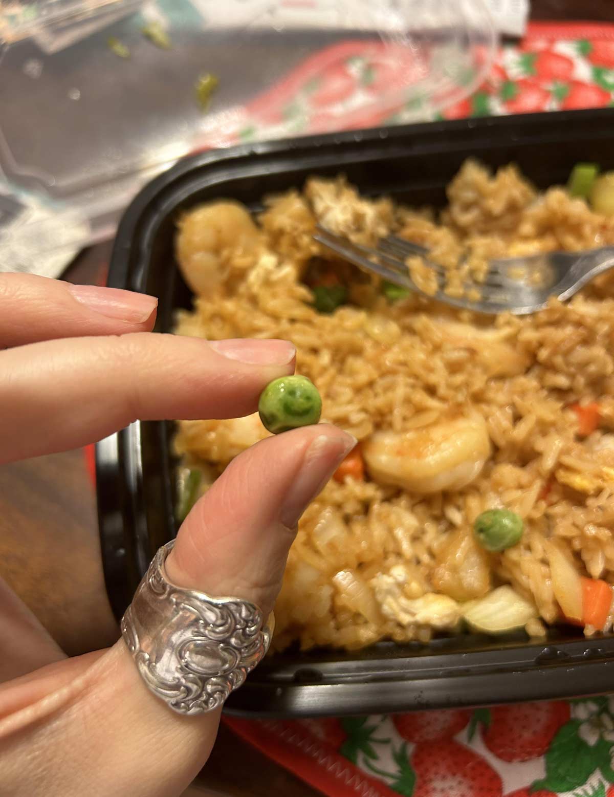 Found a pea with a smiley face on it in my fried rice