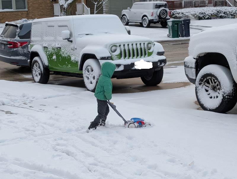 I was shoveling the driveway this morning and my son said he wanted to help but that first he needed to cut the grass