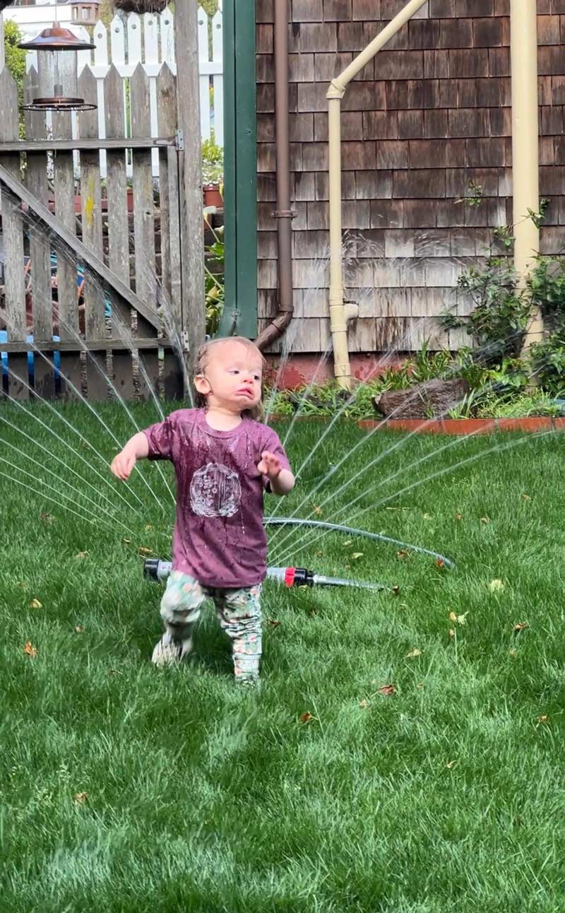 My daughter’s first encounter with a sprinkler.. She happily ran right back to it after getting hit