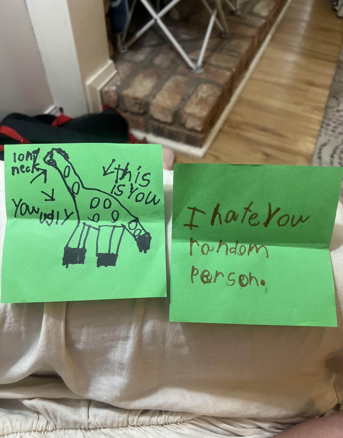 My kid got mad at me and decided to write me a couple of notes to express his feelings