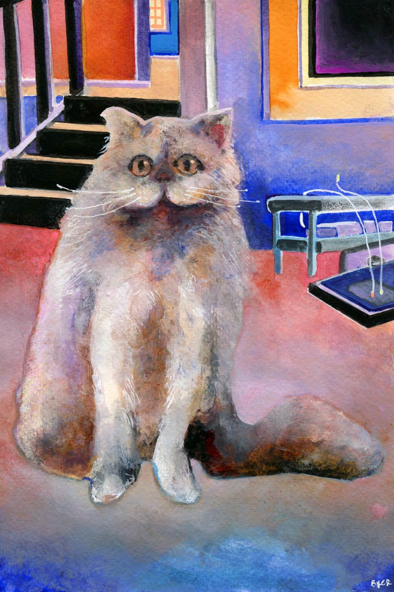 My painting of a cat who swears they did not knock the TV over
