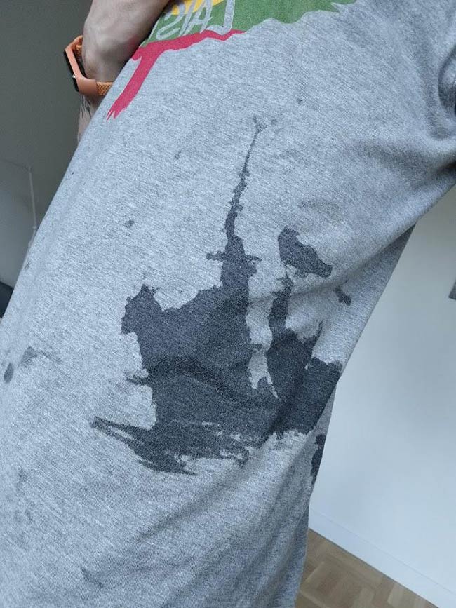 Accidentally spilled my drink on myself - got a stain of a knight on a horse wielding a sword