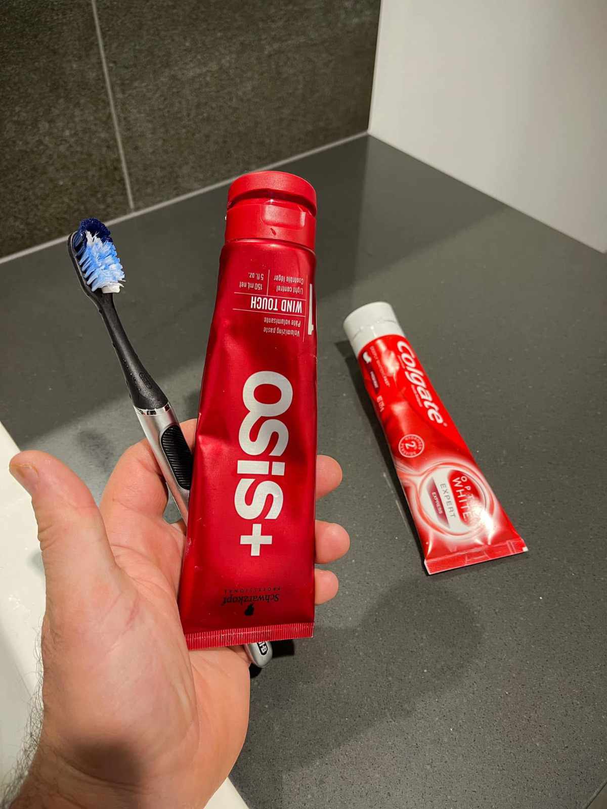 Wife colours her hair and leaves the tube next to the toothpaste