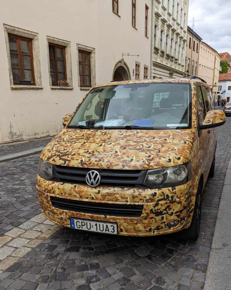A van with an interesting camouflage print