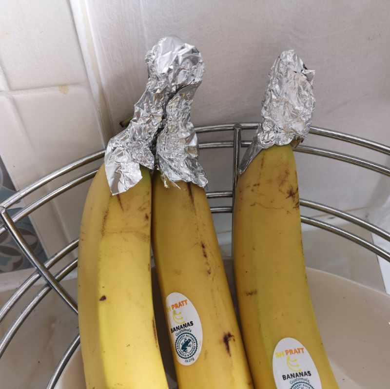 Wife saw a tip on web that wrapping ends of bananas slow down the ripening. Now our bananas has foil conspiracy theorist hats